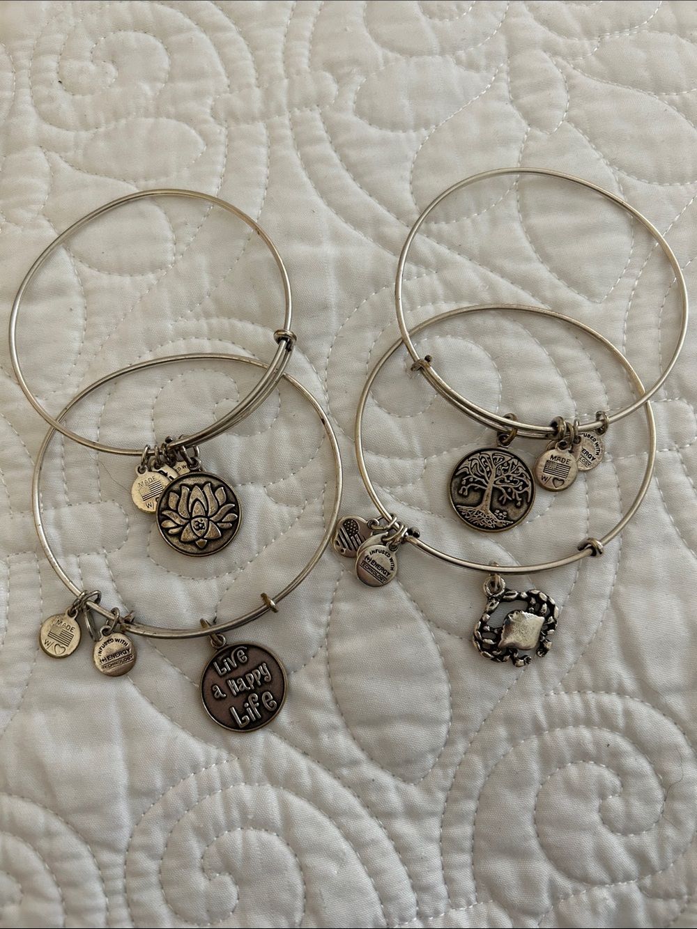 Silver Charm Bangle Bracelet Set - Lotus, Tree & Inspirational Charms